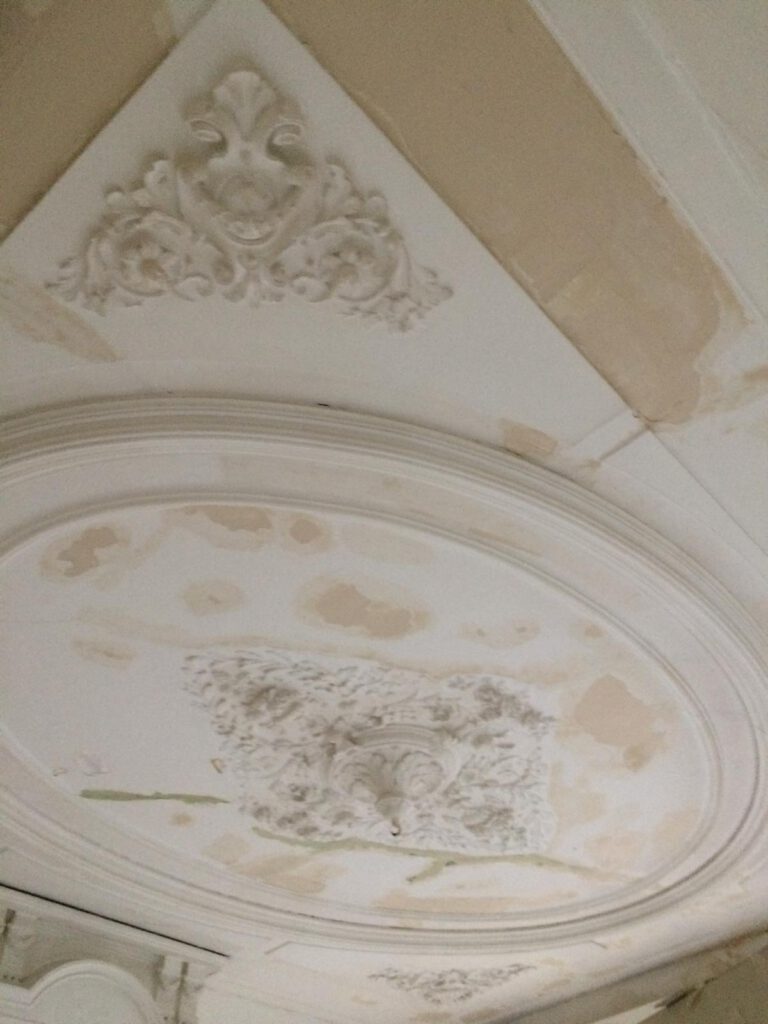Detail van gerestaureerde plafondornamenten door Elviservices.